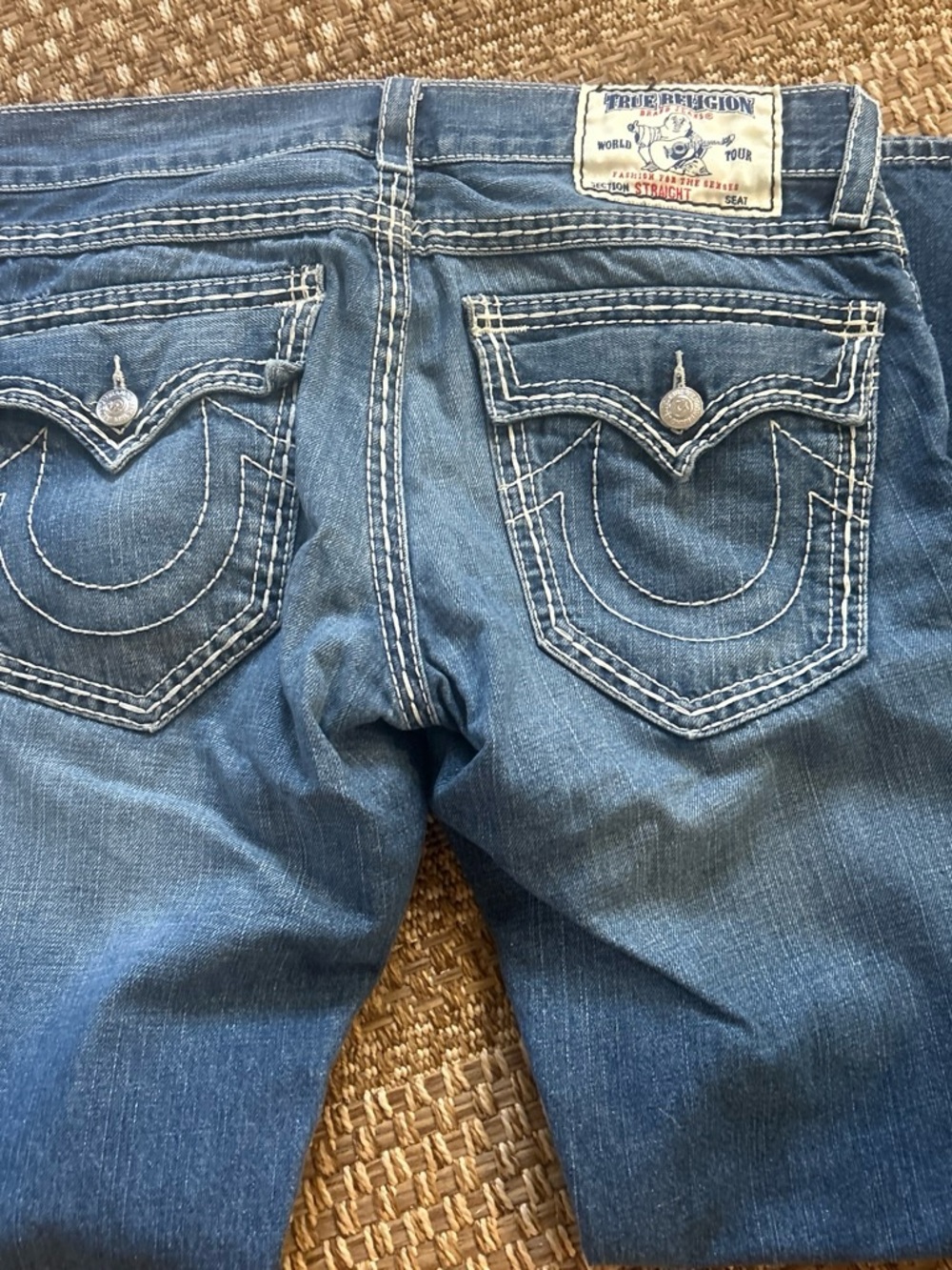 True Religion Men’s straight Blue Denim Jeans - Classic Back Pocket Stitch